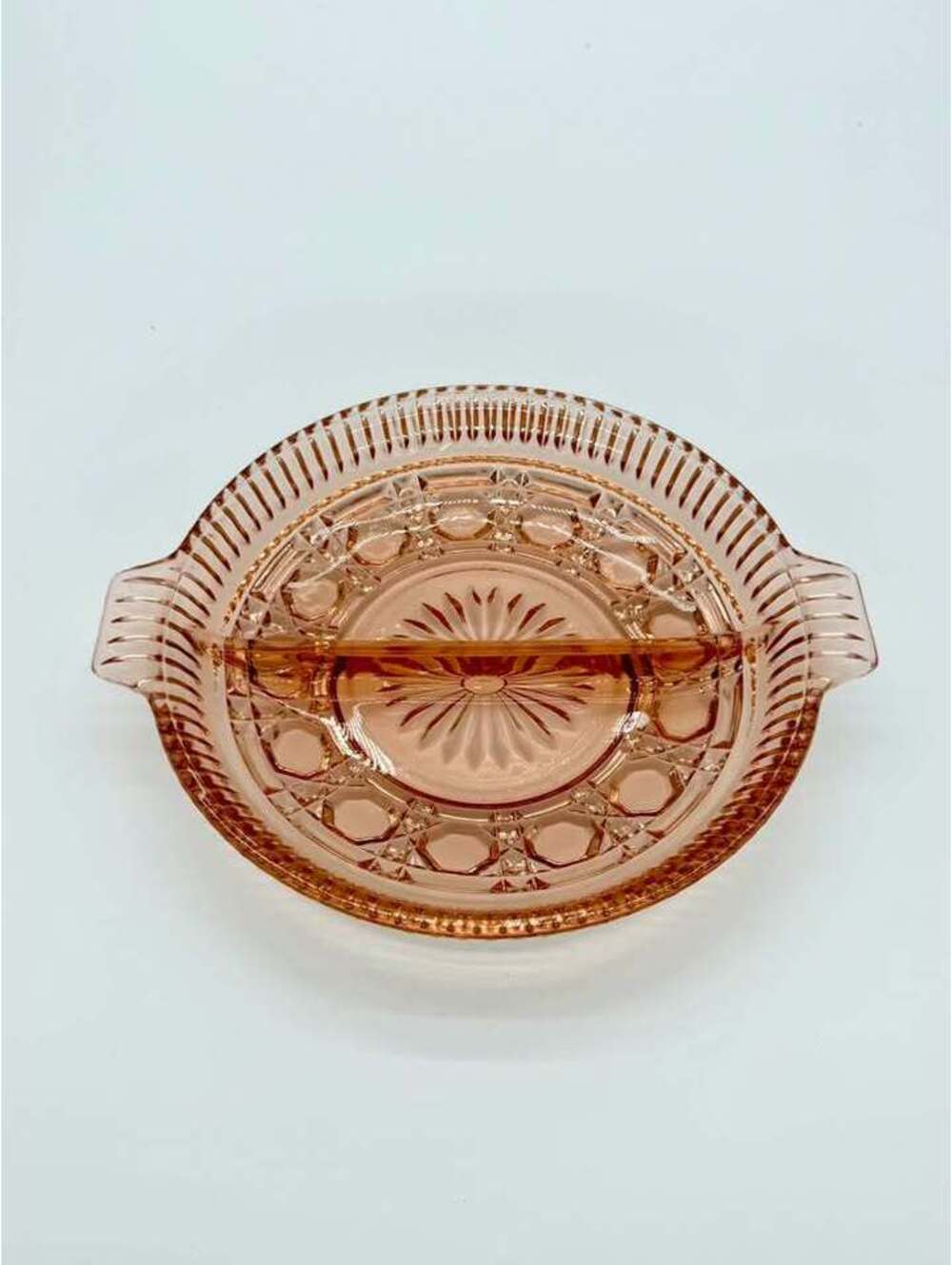 Indiana Glass Windsor Pink Cane Button Divided Relish Dish 7.25”